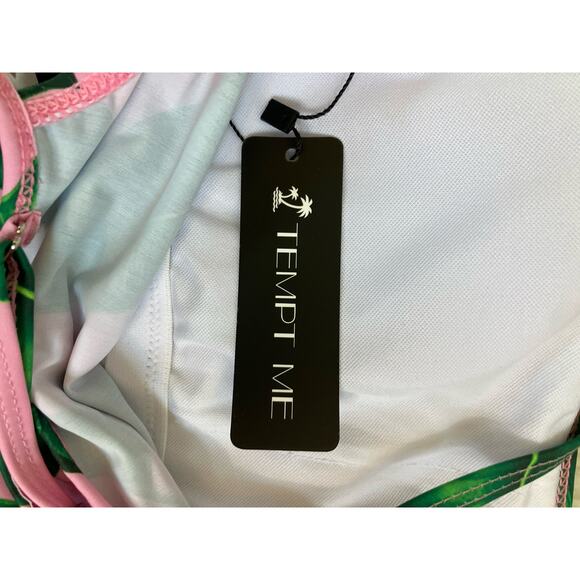 New Tempt Me Pink Green Tropical Leaf One Piece Swimsuit Medium - Picture 4 of 5